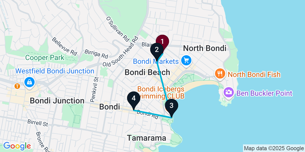 Map for 4-Stop Bondi Beach Cocktail Bar Crawl