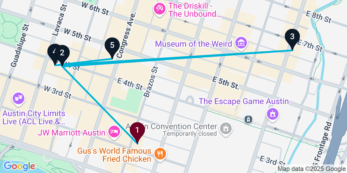 Map for 5-Stop Austin Nightclub Bar Crawl