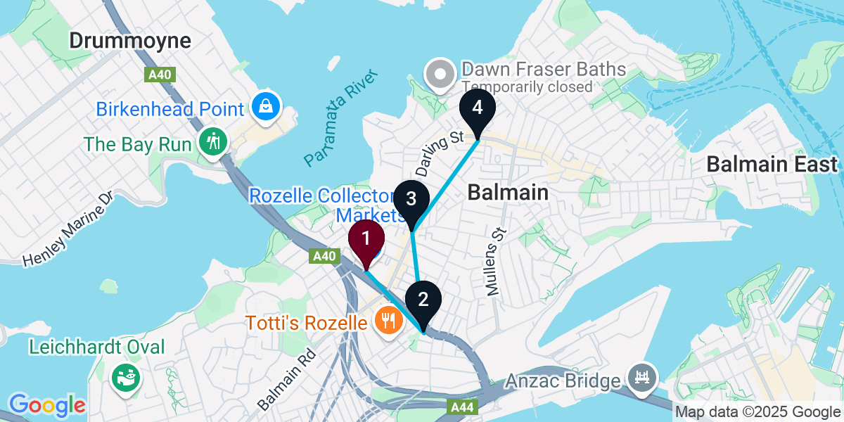 Map for 4-Stop Rozelle Bar Crawl