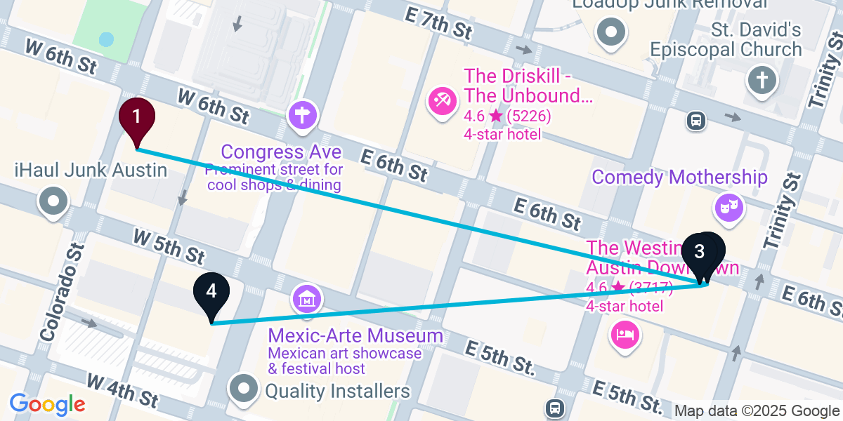 Map for 4-Stop Austin Live music Bar Crawl