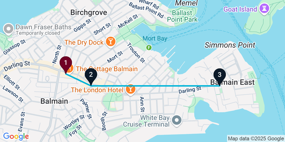 Map for 3-Stop Balmain Pub Bar Crawl