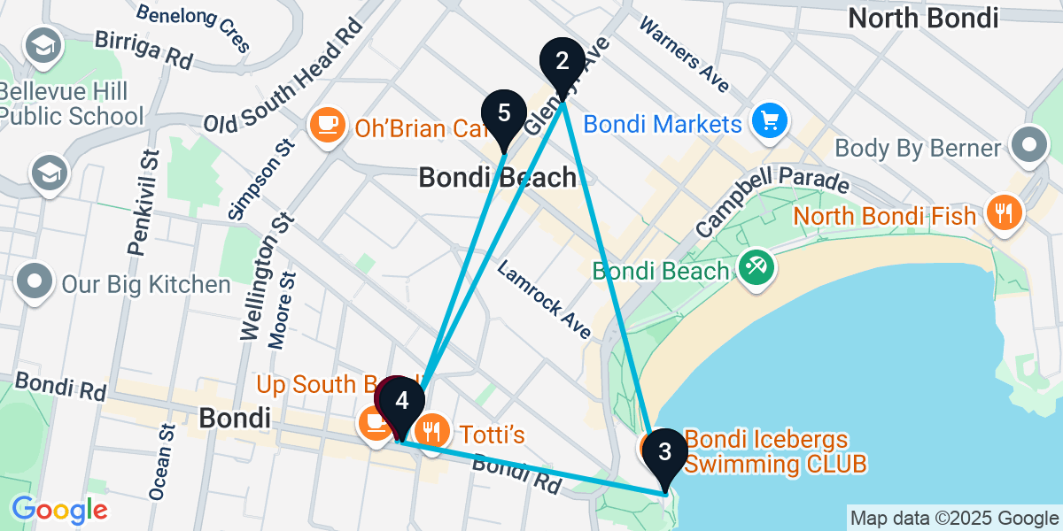 Map for 5-Stop Bondi Bar Crawl