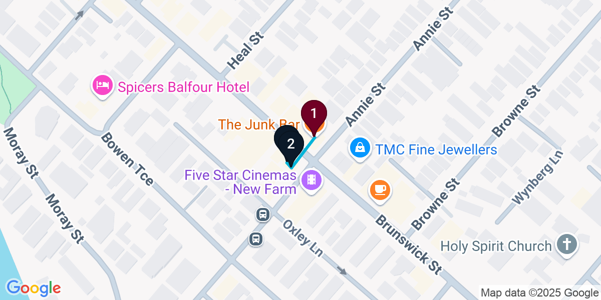 Map for New Farm Cocktail Bar Crawl
