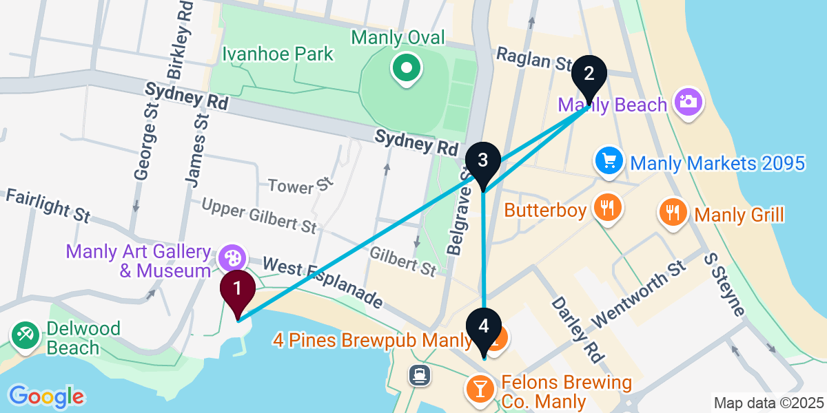 Map for 4-Stop Manly Bar Crawl