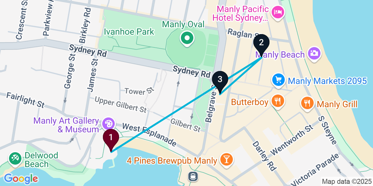 Map for 3-Stop Manly Speakeasy Bar Crawl