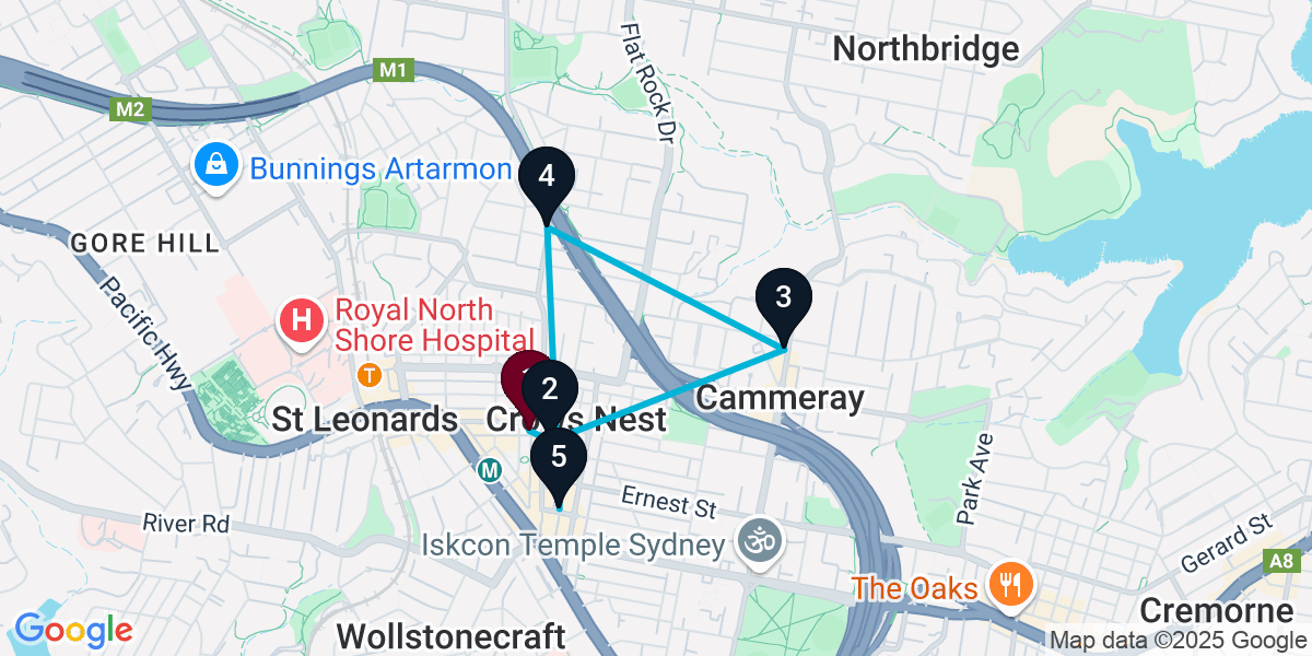 Map for 5-Stop Crows Nest Wine bar Bar Crawl