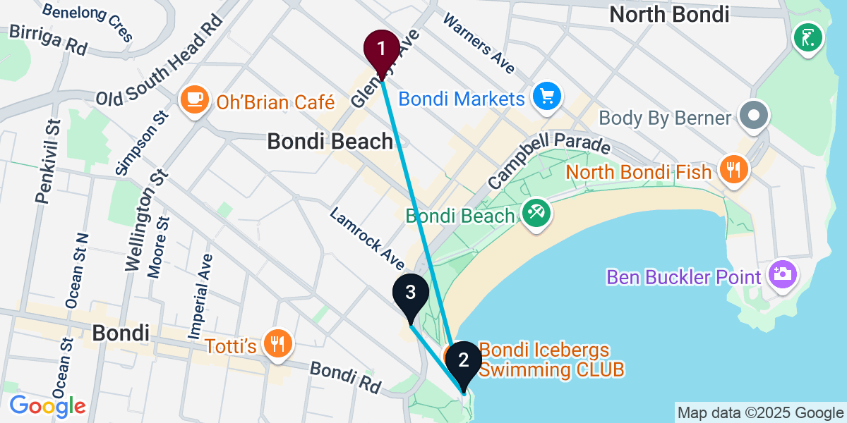 Map for 3-Stop Bondi Beach Rooftop Bar Crawl