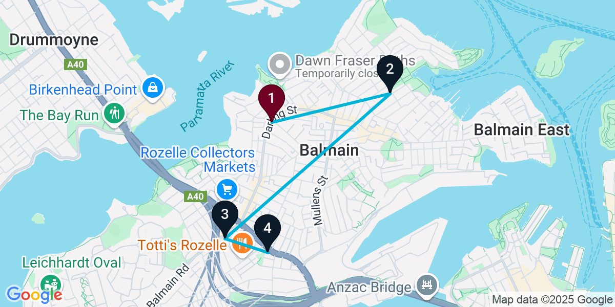 Map for 4-Stop Balmain Cocktail Bar Crawl