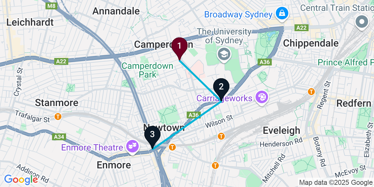 Map for 3-Stop Camperdown Bar Crawl