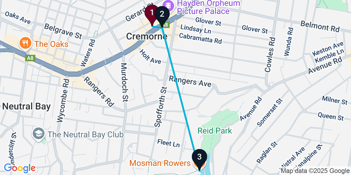 Map for 3-Stop Cremorne Live music Bar Crawl