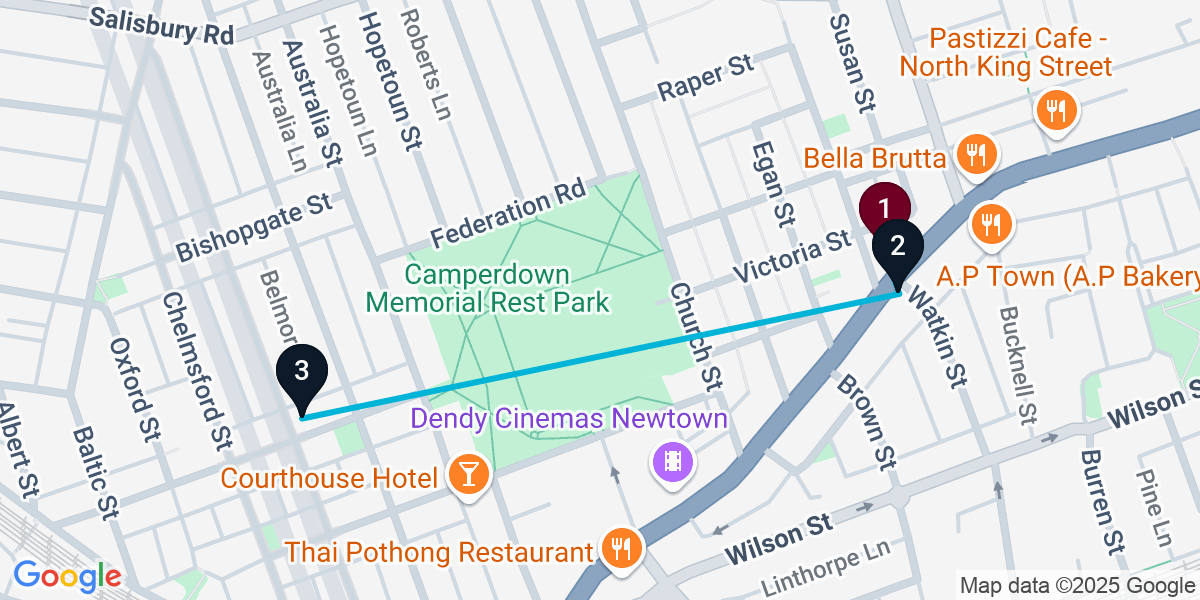 Map for 3-Stop Newtown Pub Bar Crawl