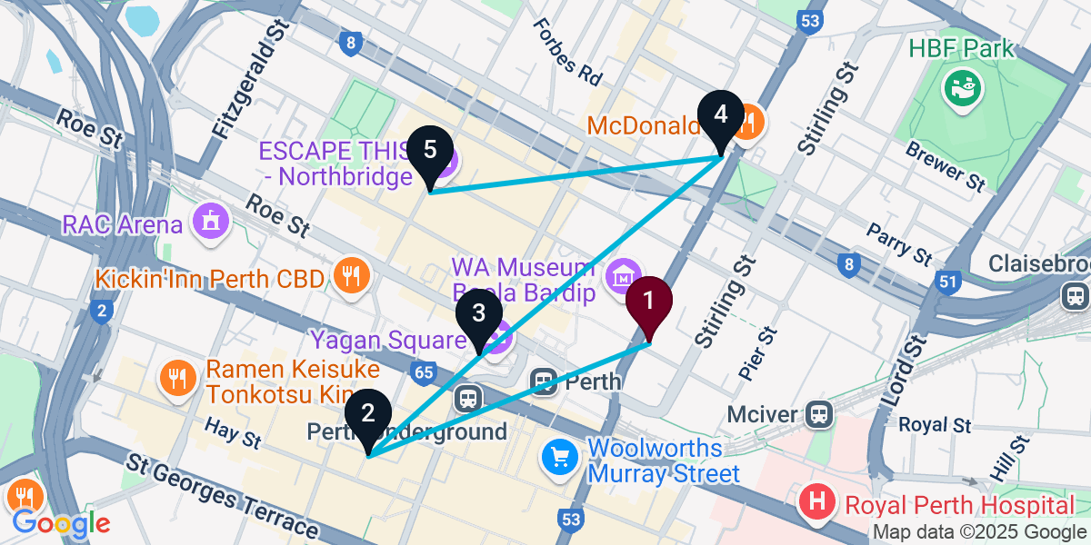 Map for 5-Stop Perth Cocktail Bar Crawl