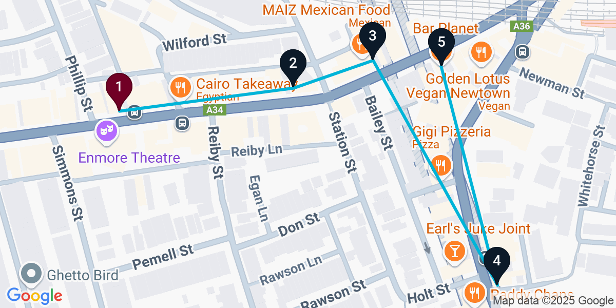 Map for 5-Stop Newtown Cocktail Bar Crawl