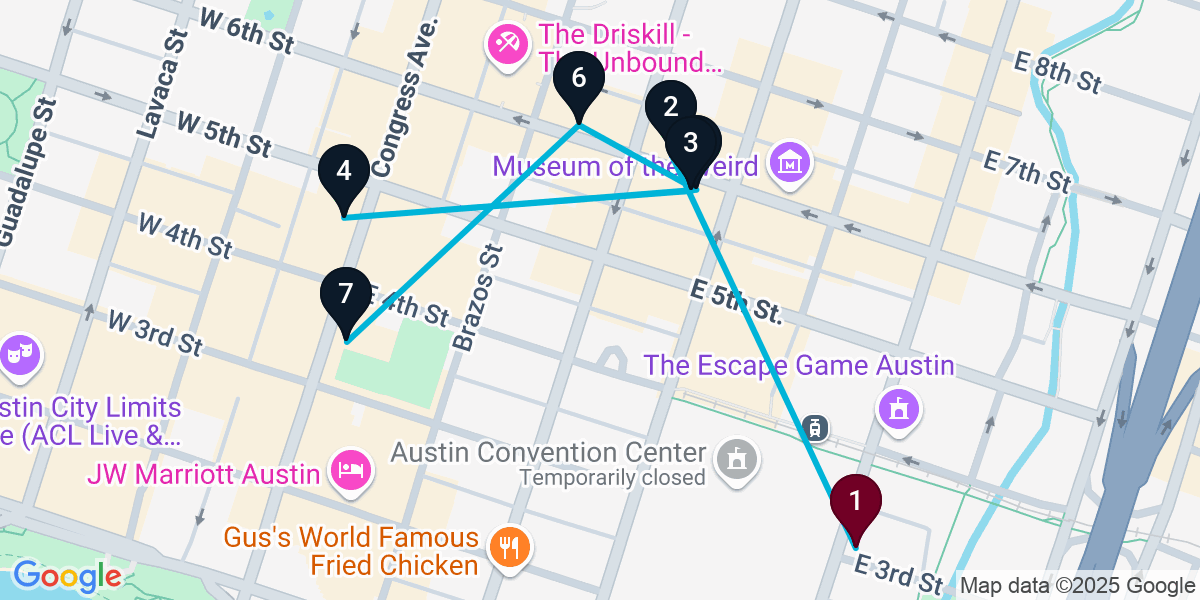 Map for 7-Stop Austin Live music Bar Crawl