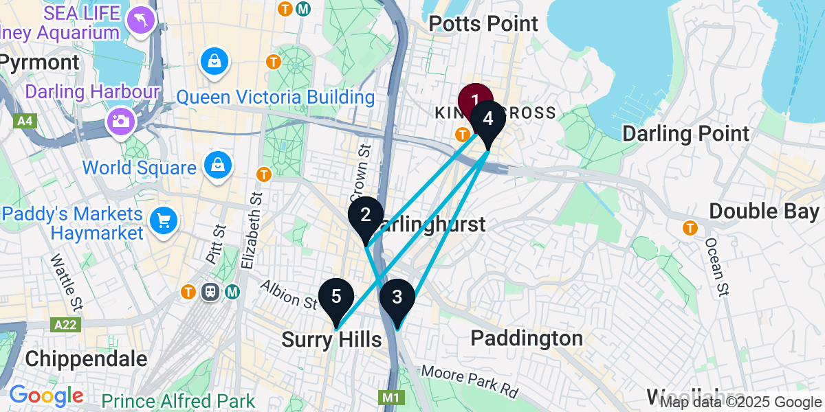 Map for 5-Stop Potts Point Rooftop Bar Crawl