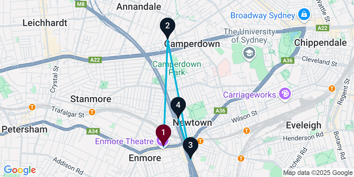 Map for 4-Stop Newtown Speakeasy Bar Crawl