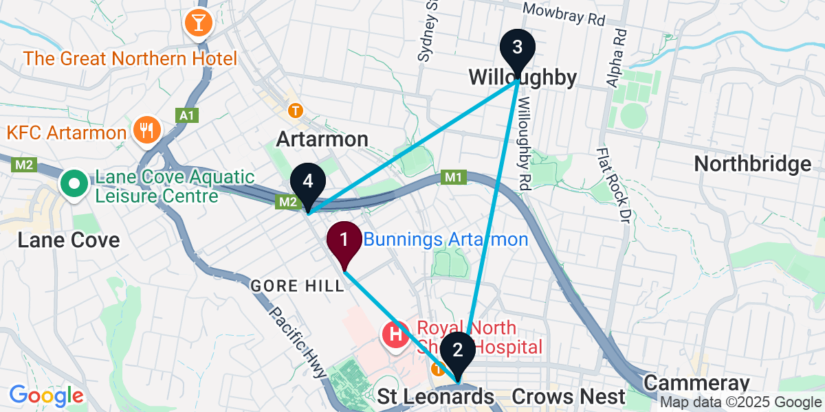 Map for 4-Stop Artarmon Pub Bar Crawl