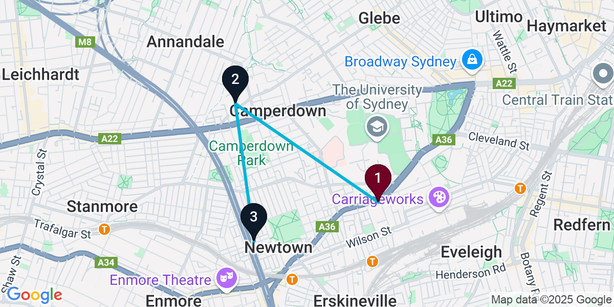 Map for 3-Stop Newtown Speakeasy Bar Crawl