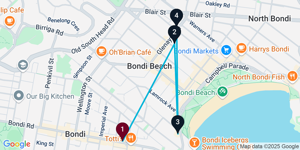 Map for 4-Stop Bondi Beach bar Bar Crawl