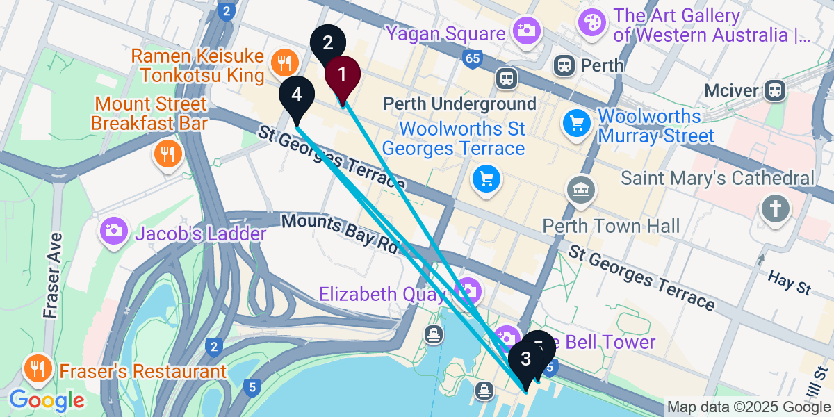 Map for 5-Stop Perth Rooftop Bar Crawl