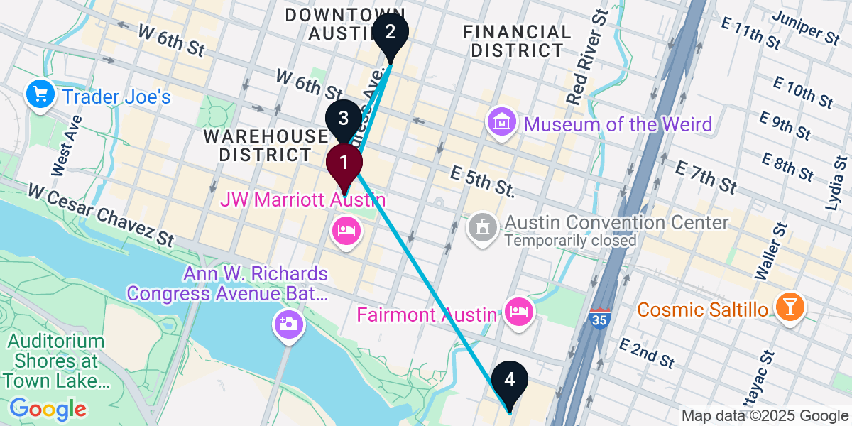 Map for 4-Stop Austin Rooftop Bar Crawl