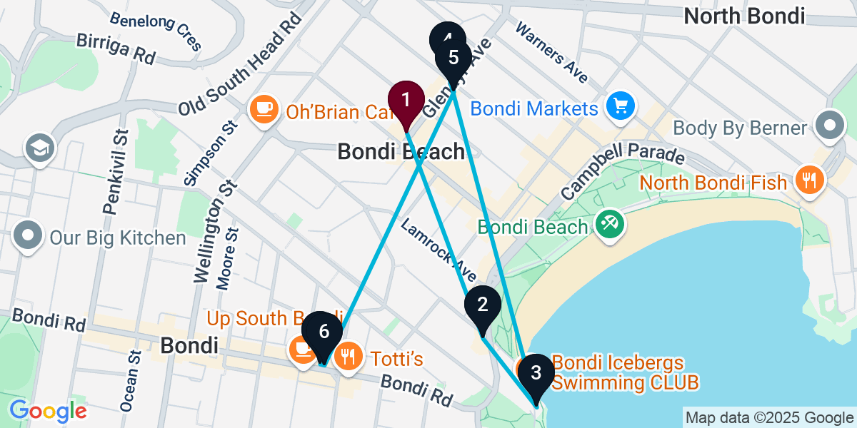 Map for 7-Stop Bondi Beach Cocktail Bar Crawl