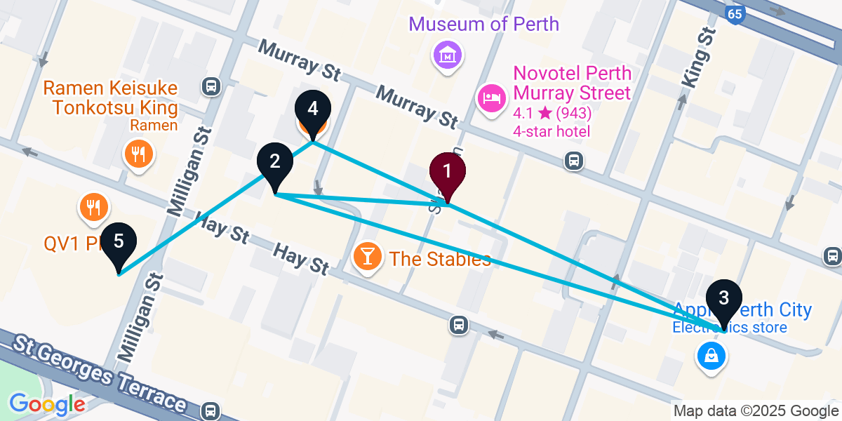 Map for 5-Stop Perth Bar Crawl