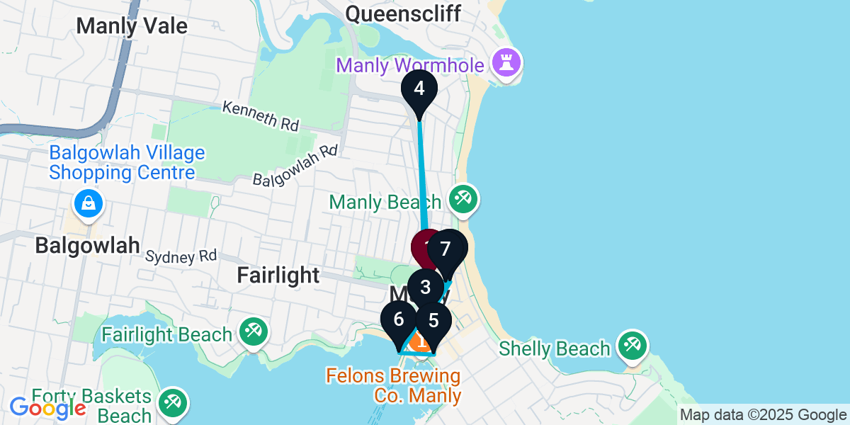Map for 7-Stop Manly Bar Crawl