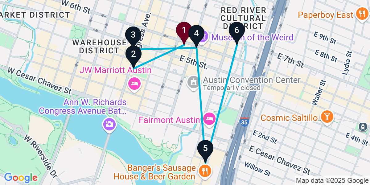 Map for 6-Stop Austin Cocktail Bar Crawl