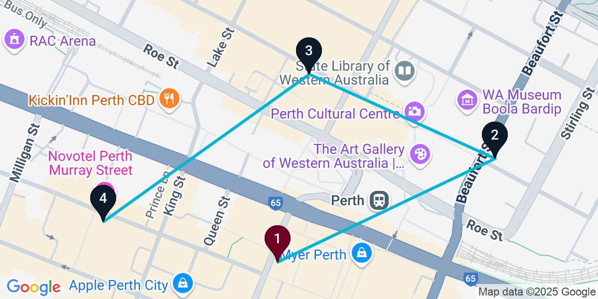 Map for 4-Stop Perth Nightclub Bar Crawl