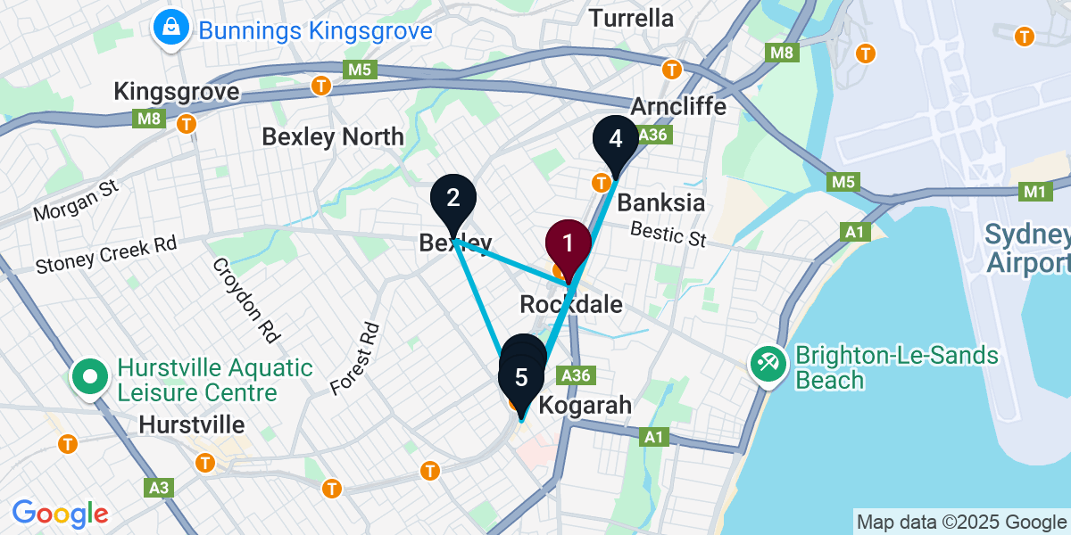 Map for 6-Stop Rockdale Cocktail Bar Crawl