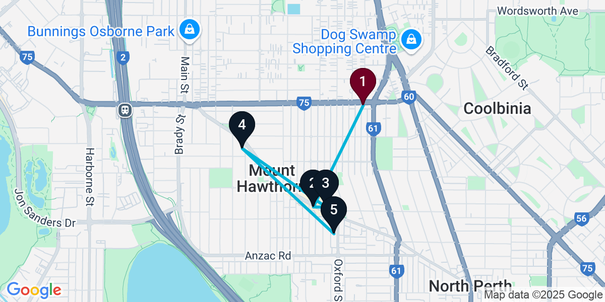 Map for 5-Stop Mount Hawthorn Bar Crawl