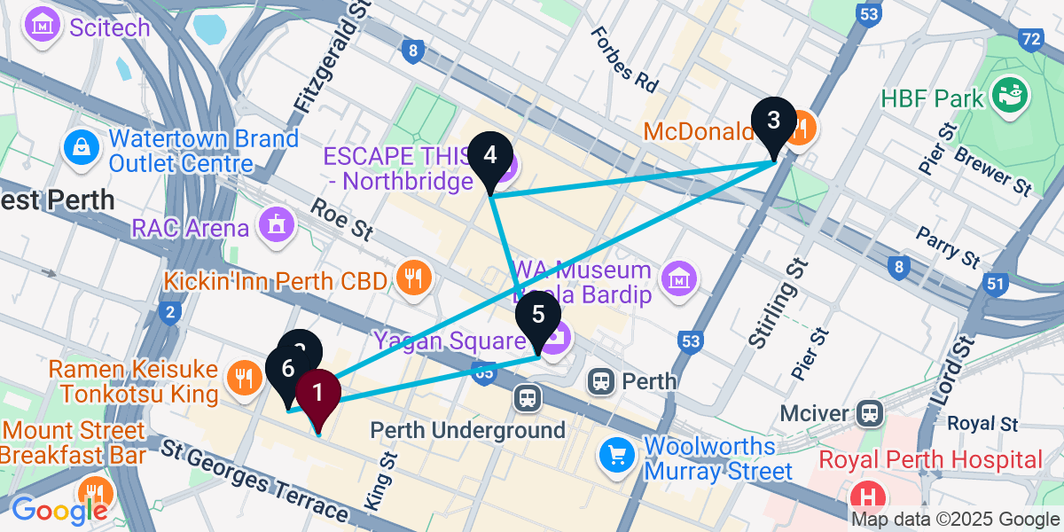 Map for 6-Stop Perth Cocktail Bar Crawl