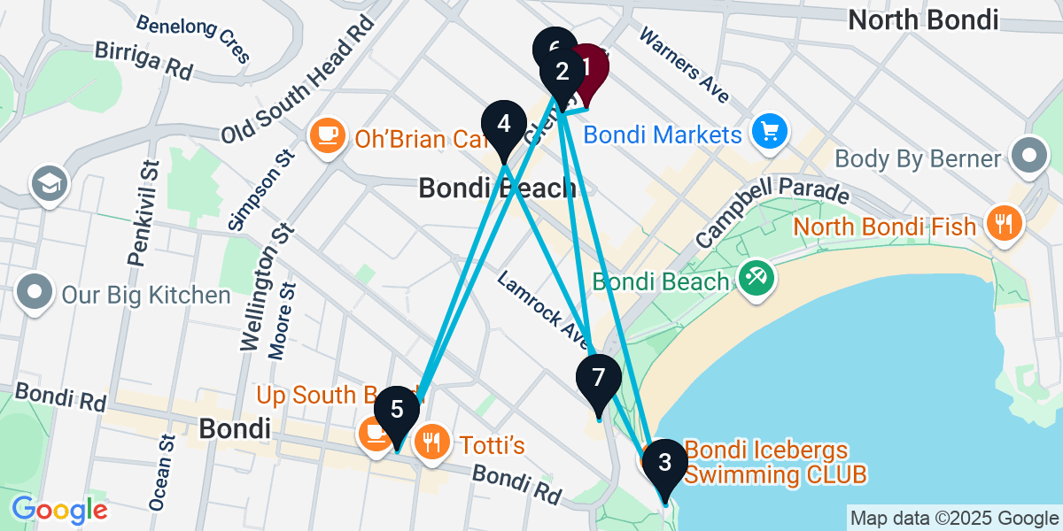 Map for 7-Stop Bondi Beach Cocktail Bar Crawl