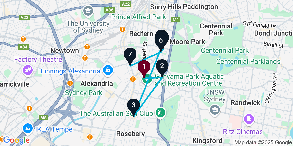 Map for 7-Stop Zetland Wine bar Bar Crawl