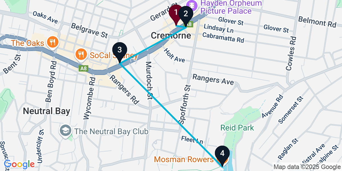 Map for 4-Stop Cremorne Live music Bar Crawl