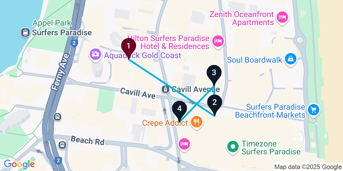 Map for Curated Surfers Paradise Bar Crawl