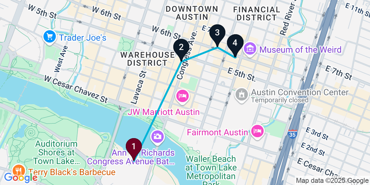 Map for 5-Stop Austin Live music Bar Crawl