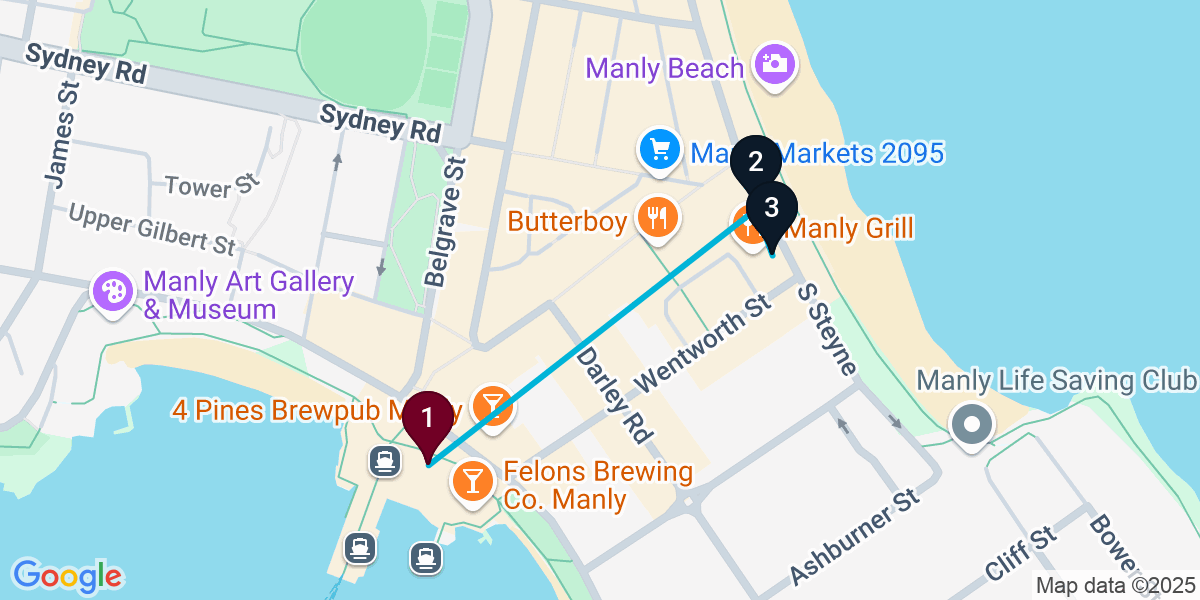 Map for 3-Stop Manly Beach bar Bar Crawl