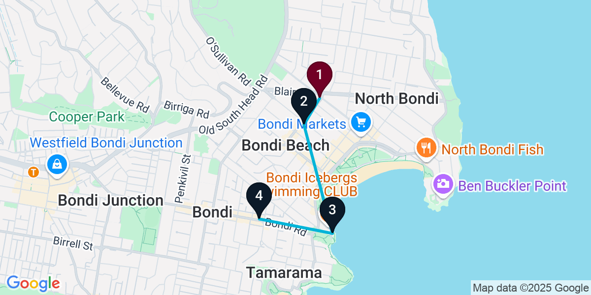 Map for 4-Stop Bondi Beach Cocktail Bar Crawl