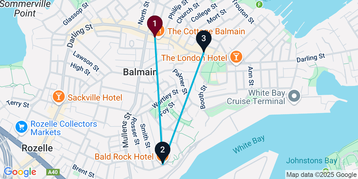Map for 3-Stop Balmain Pub Bar Crawl