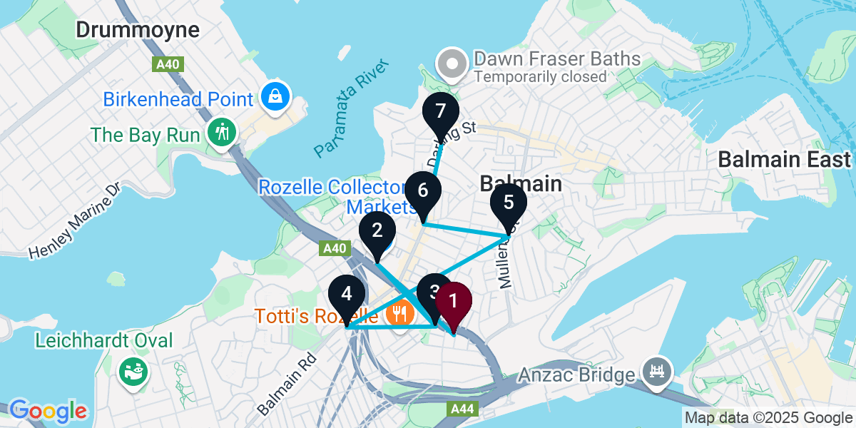 Map for 7-Stop Rozelle Live music Bar Crawl