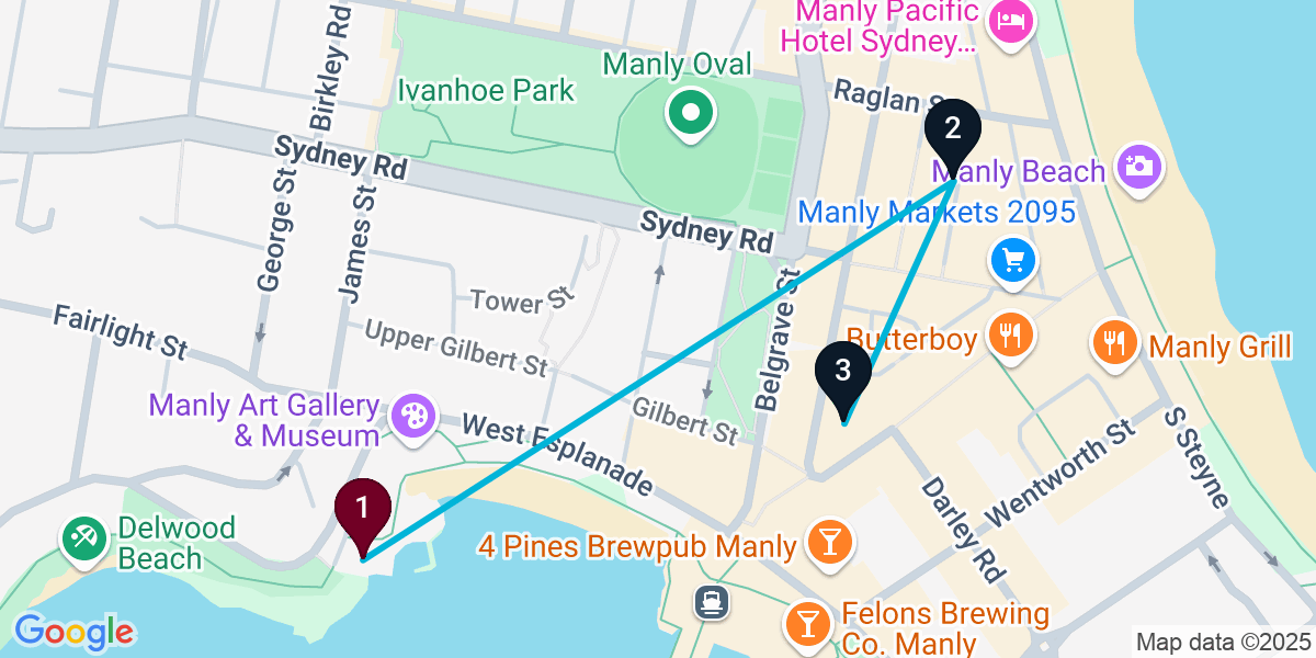 Map for 3-Stop Manly Cocktail Bar Crawl