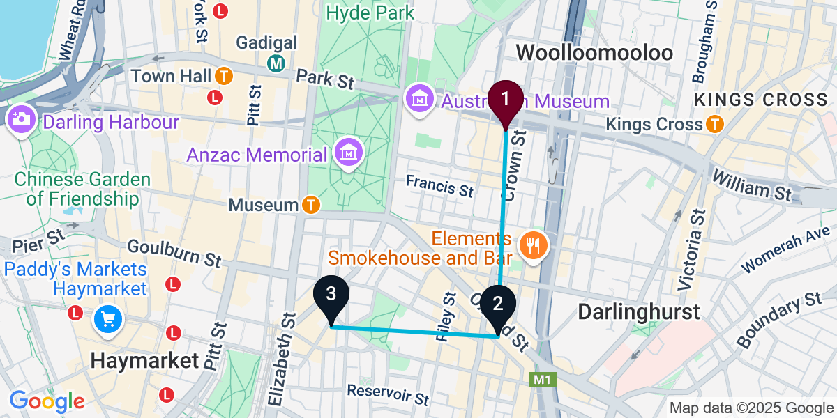 Map for 3-Stop Darlinghurst Bar Crawl