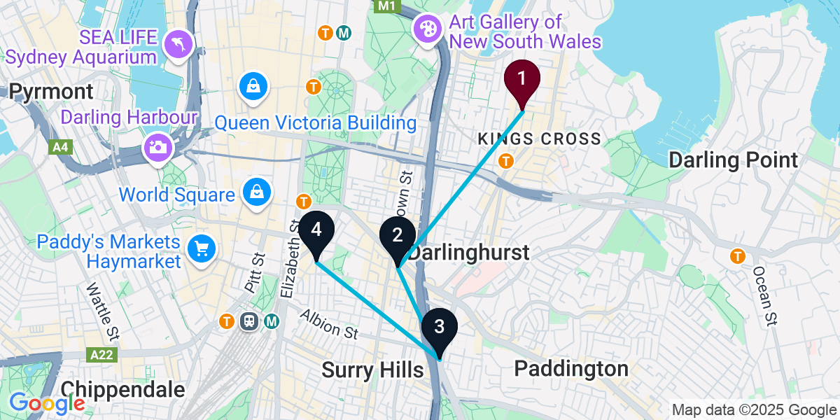 Map for 4-Stop Potts Point Brewery Bar Crawl