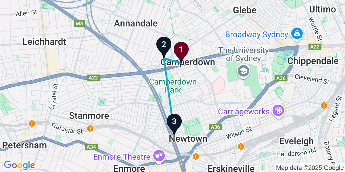 Map for 3-Stop Camperdown Speakeasy Bar Crawl