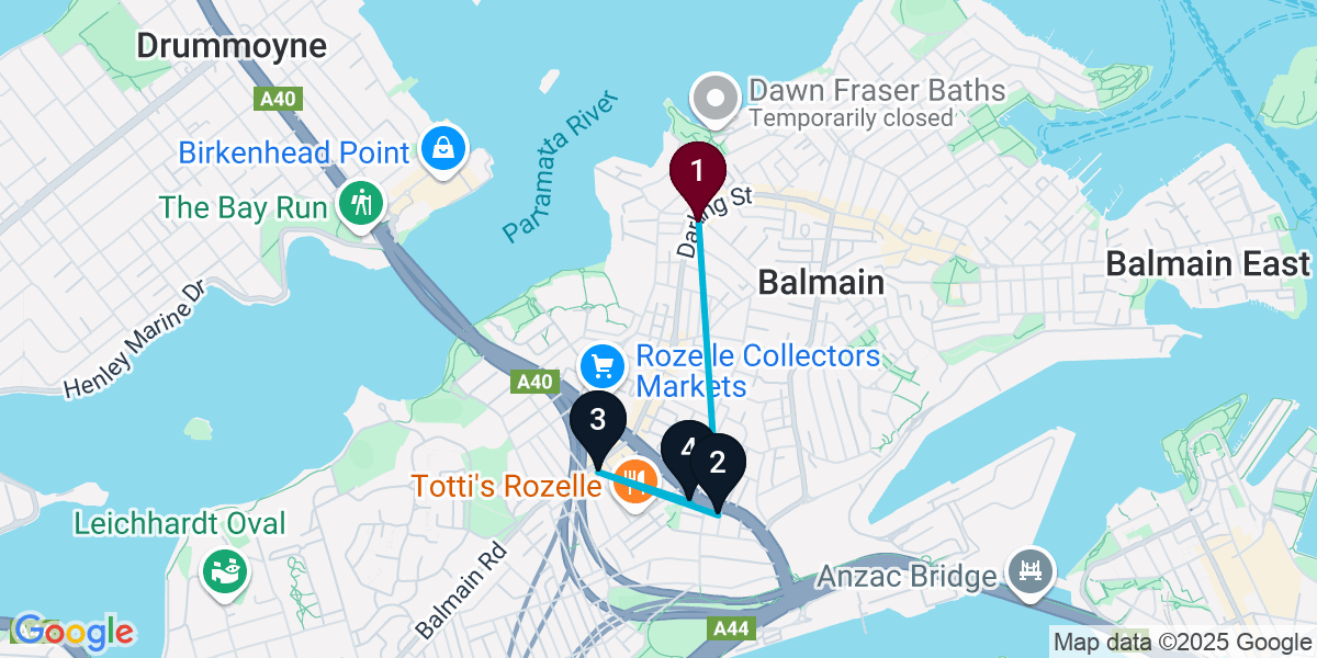 Map for 4-Stop Balmain Pub Bar Crawl