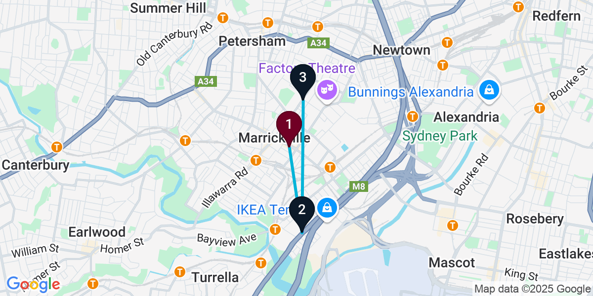 Map for 3-Stop Marrickville Pub Bar Crawl
