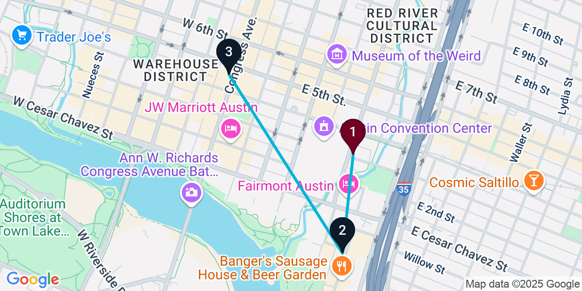 Map for 3-Stop Austin Rooftop Bar Crawl