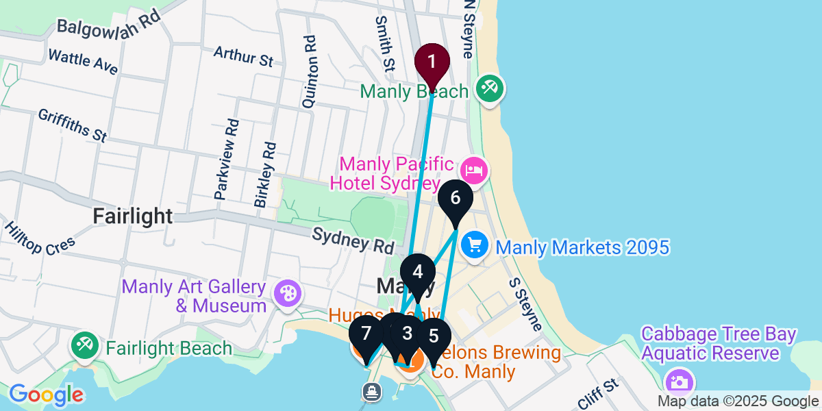 Map for 7-Stop Manly Bar Crawl